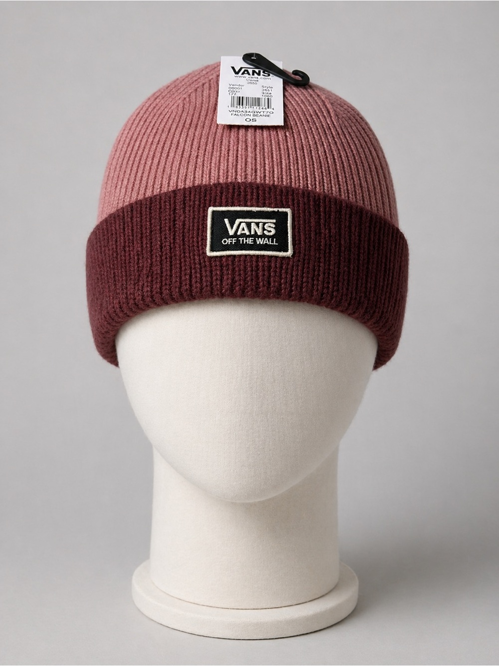 Vans Falcon Beanie Pink Burgundy‎ Two Tone Cuffed Knit OS New With Tags Unisex